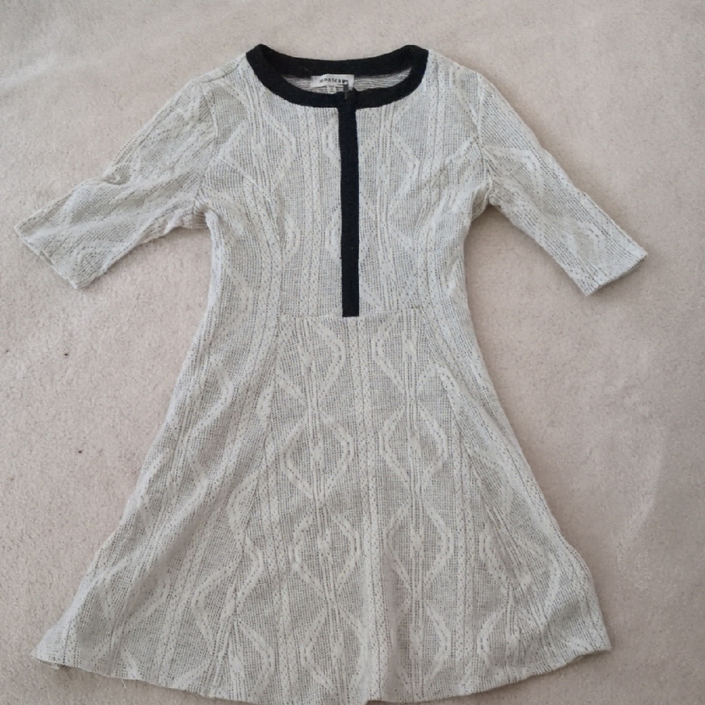 Anthropologie Cream Knit Long Sleeve Dress with Black Trim